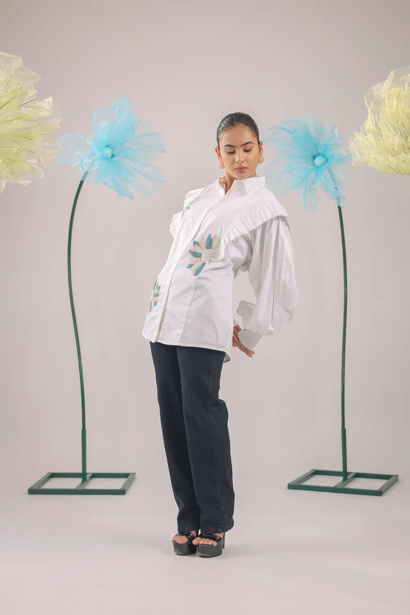 THE WHITE FLORAL PLEATED COTTON SHIRT - BeyondStiches