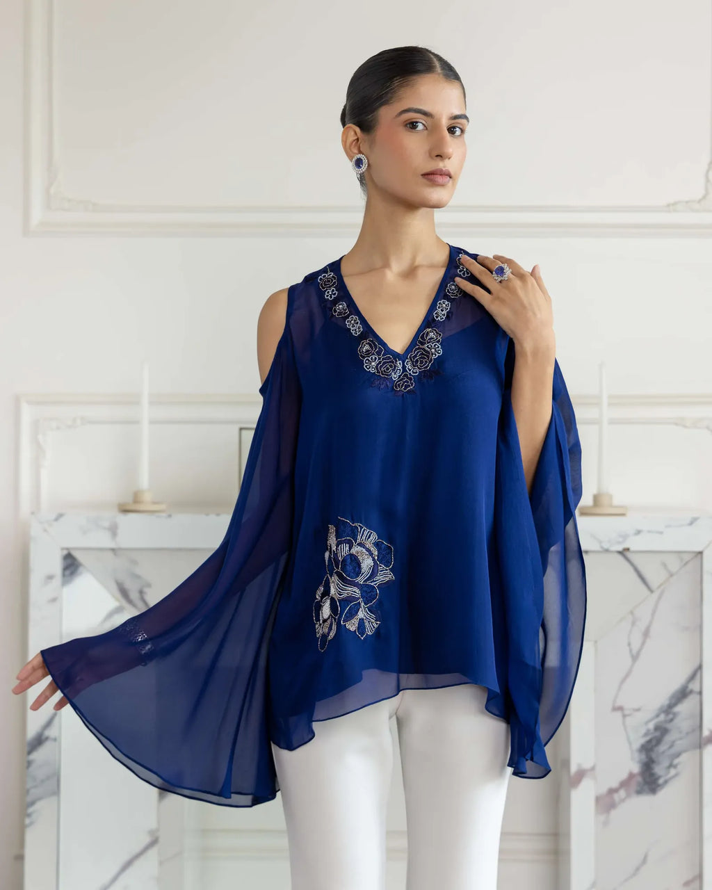 Seraphine Navy Blue Hand embroidered Flat Chiffon Top