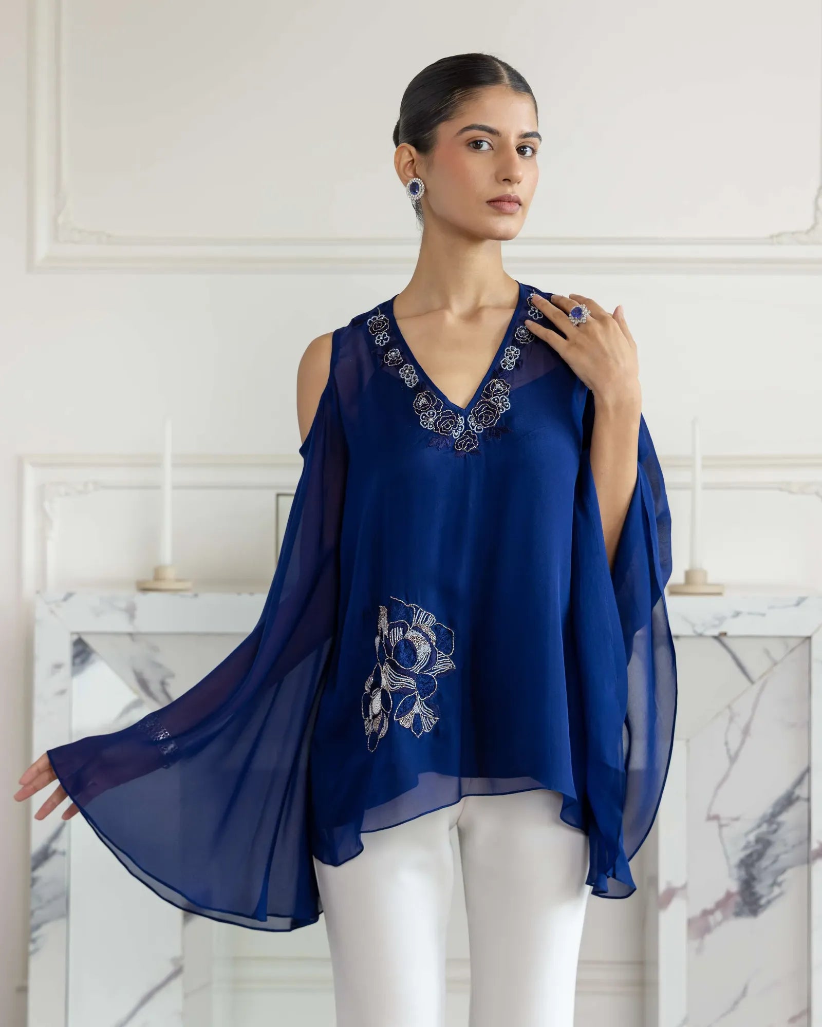 Seraphine Navy Blue Hand embroidered Flat Chiffon Top