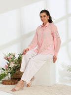 Pink Rose Garden Hand Embroidered French lace Mul Shirt
