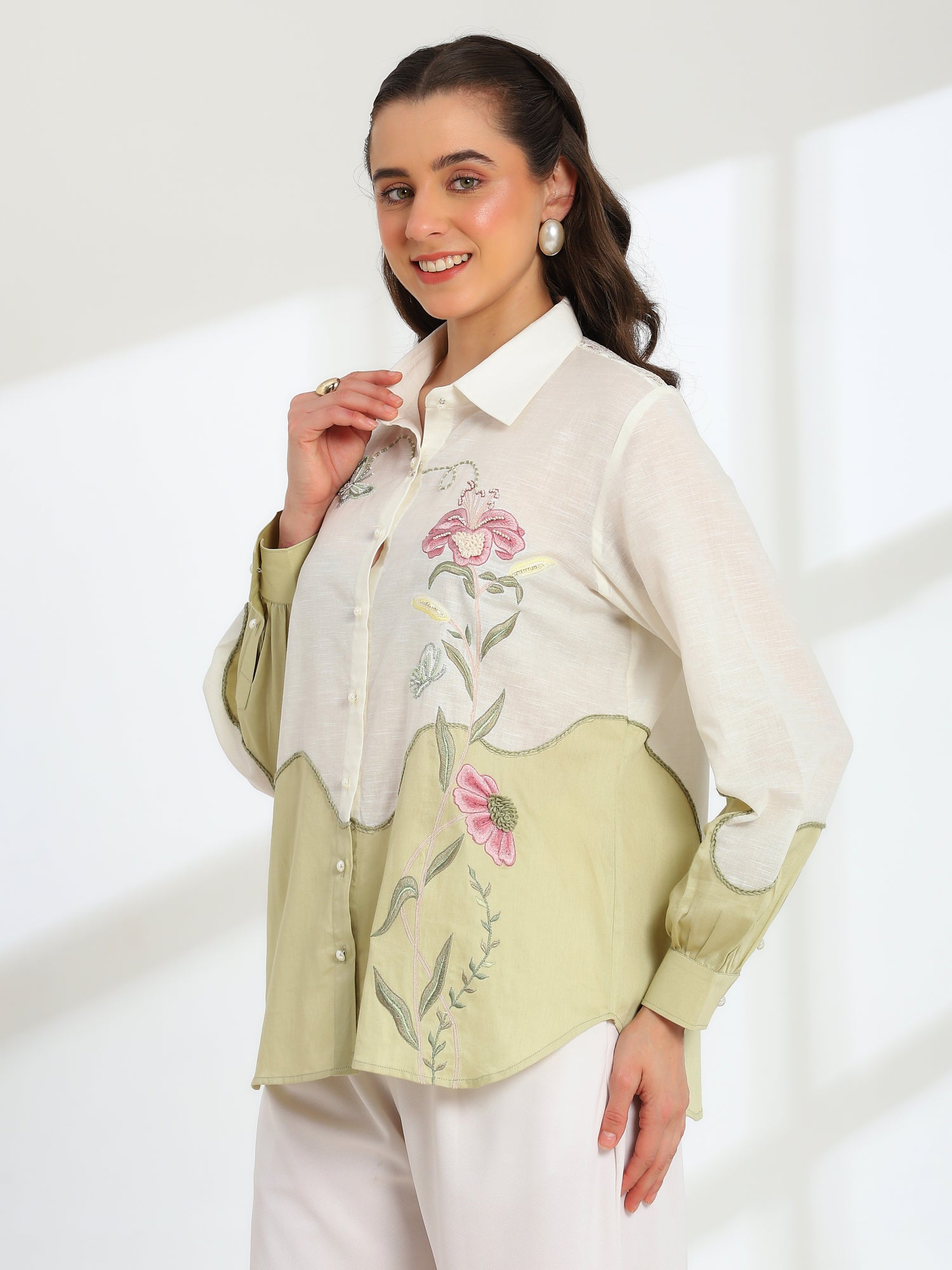 Ether Sage Green Embroidered French lace Silk Linen Shirt