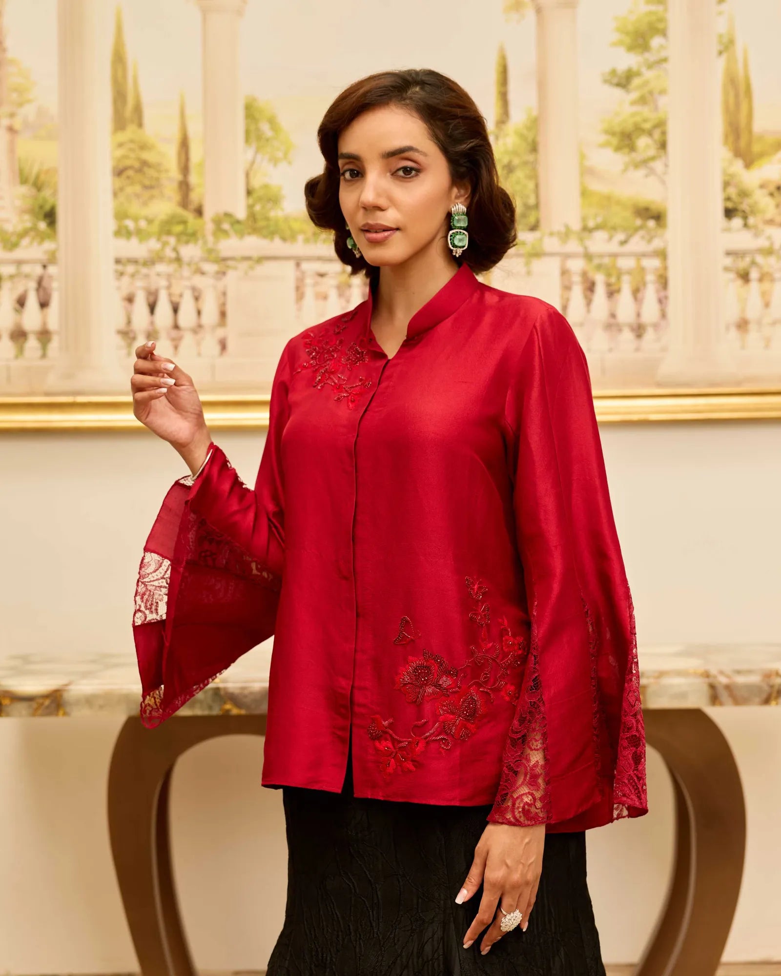 Golden Echo Cherry Red Hand Embroiderred French Lace Dupion Silk Shirt
