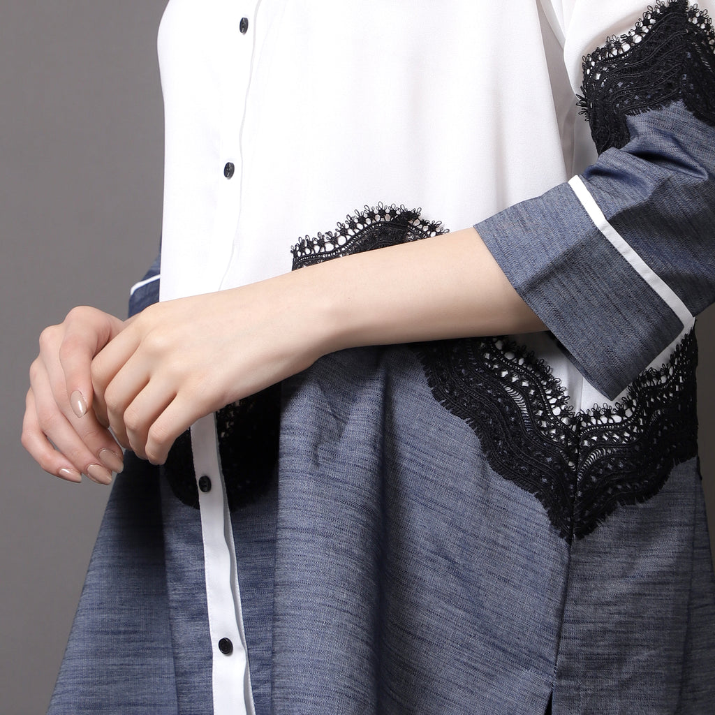 White Georgette and denim shirt with lace detailing