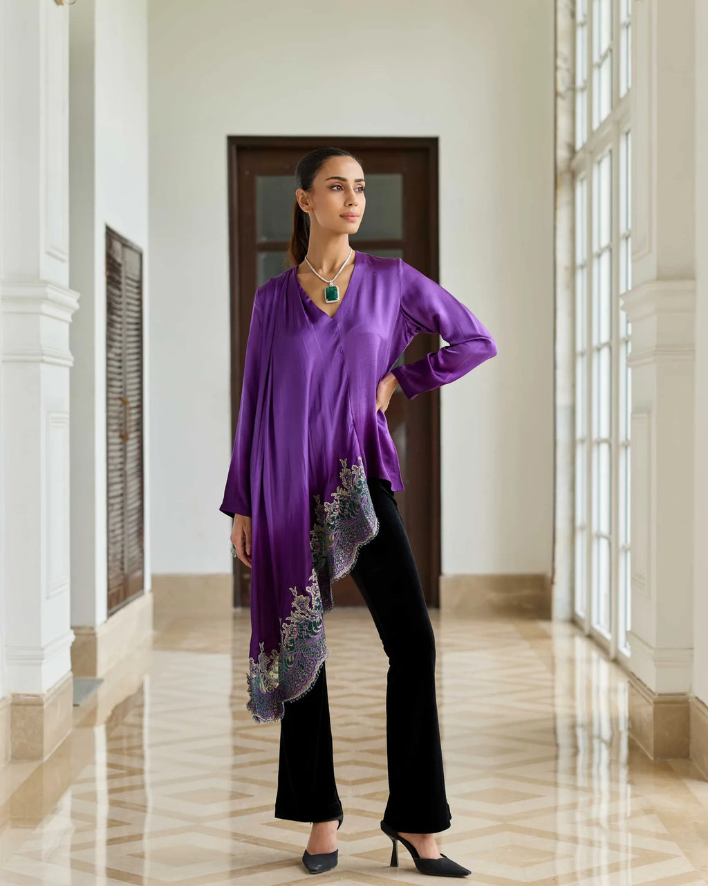Ornate Purple Gradient Hand Embroidered French Lace Silk Satin Scarf Top
