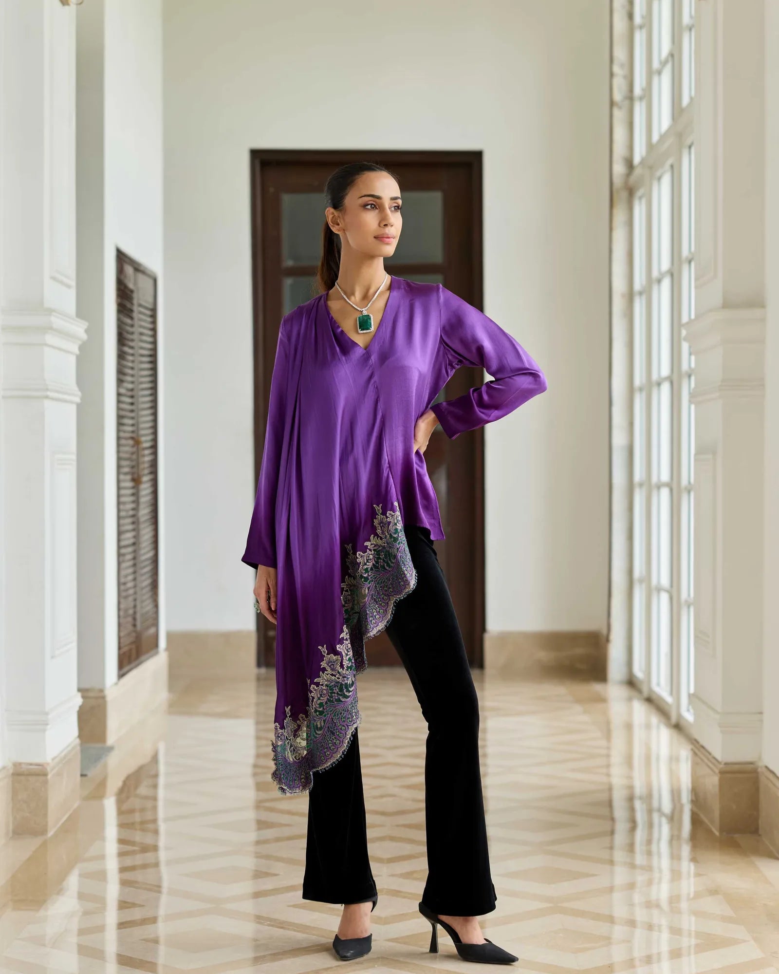 Ornate Purple Gradient Hand Embroidered French Lace Silk Satin Scarf Top