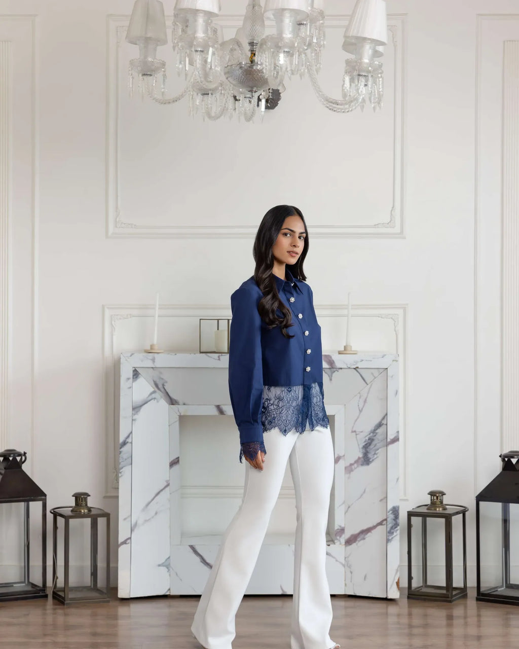 Aureal Blue French Lace Cotton Shirt