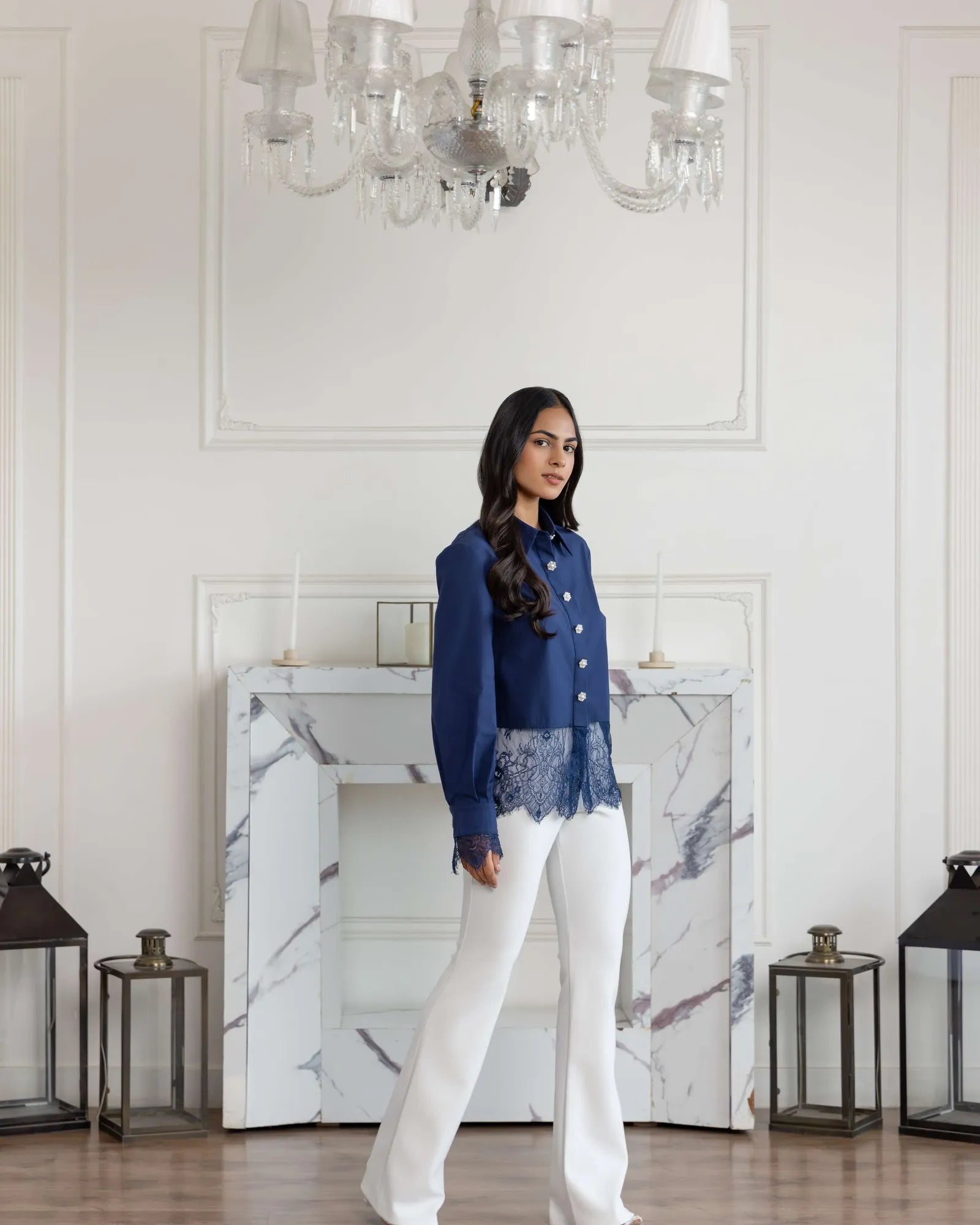 Aureal Blue French Lace Cotton Shirt
