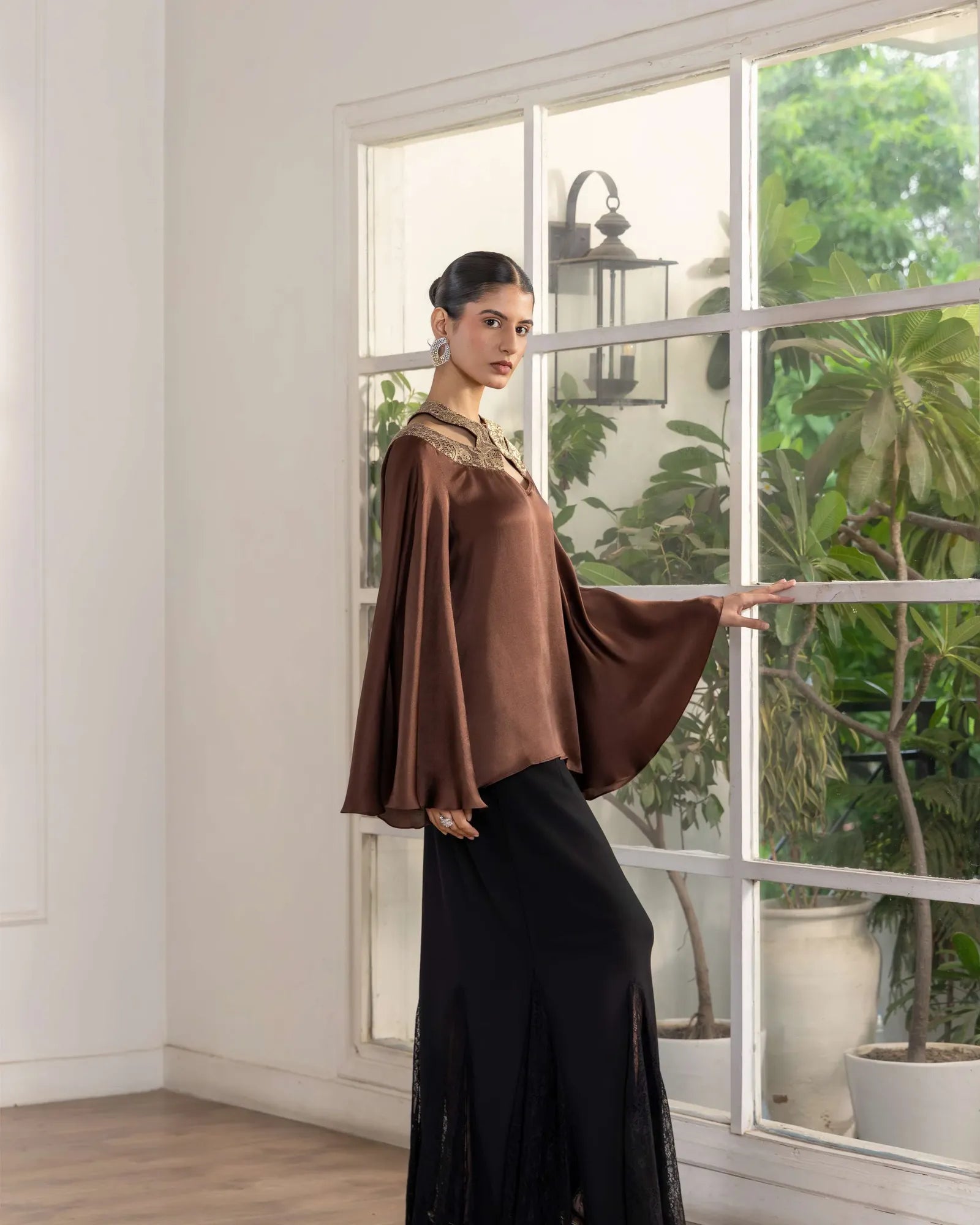 Mocha Whisper Metallic French Lace Satin Top