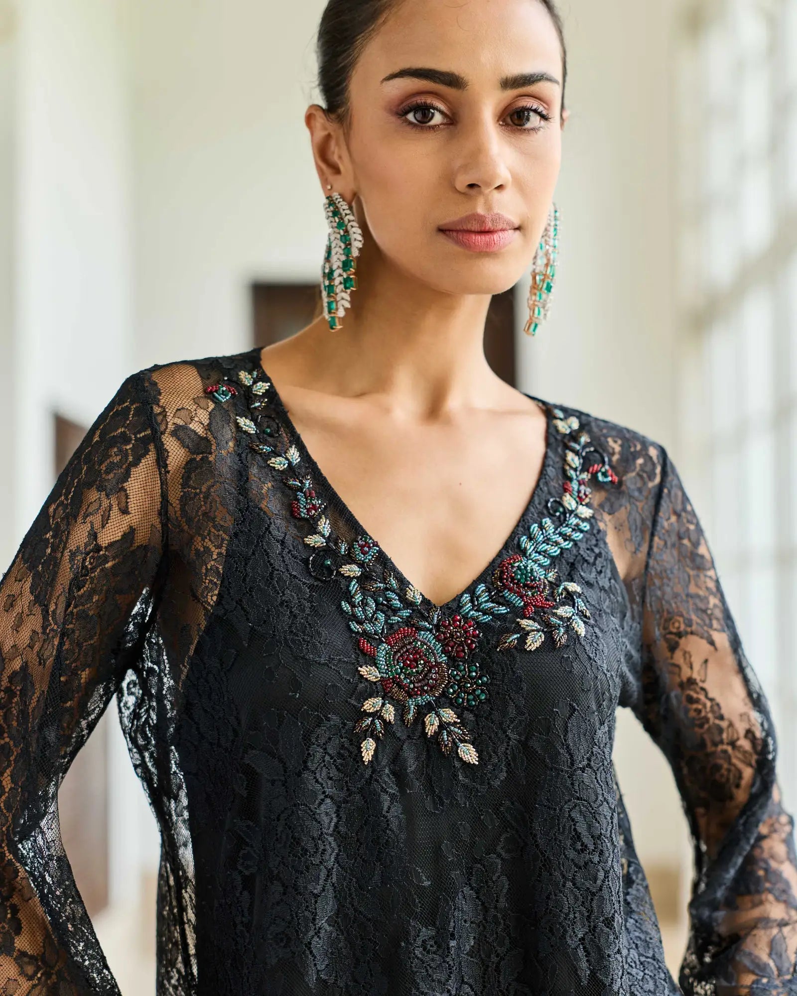 Scepter Classic Black French Chantilly Lace Beaded Embroidery Top - Dareiss