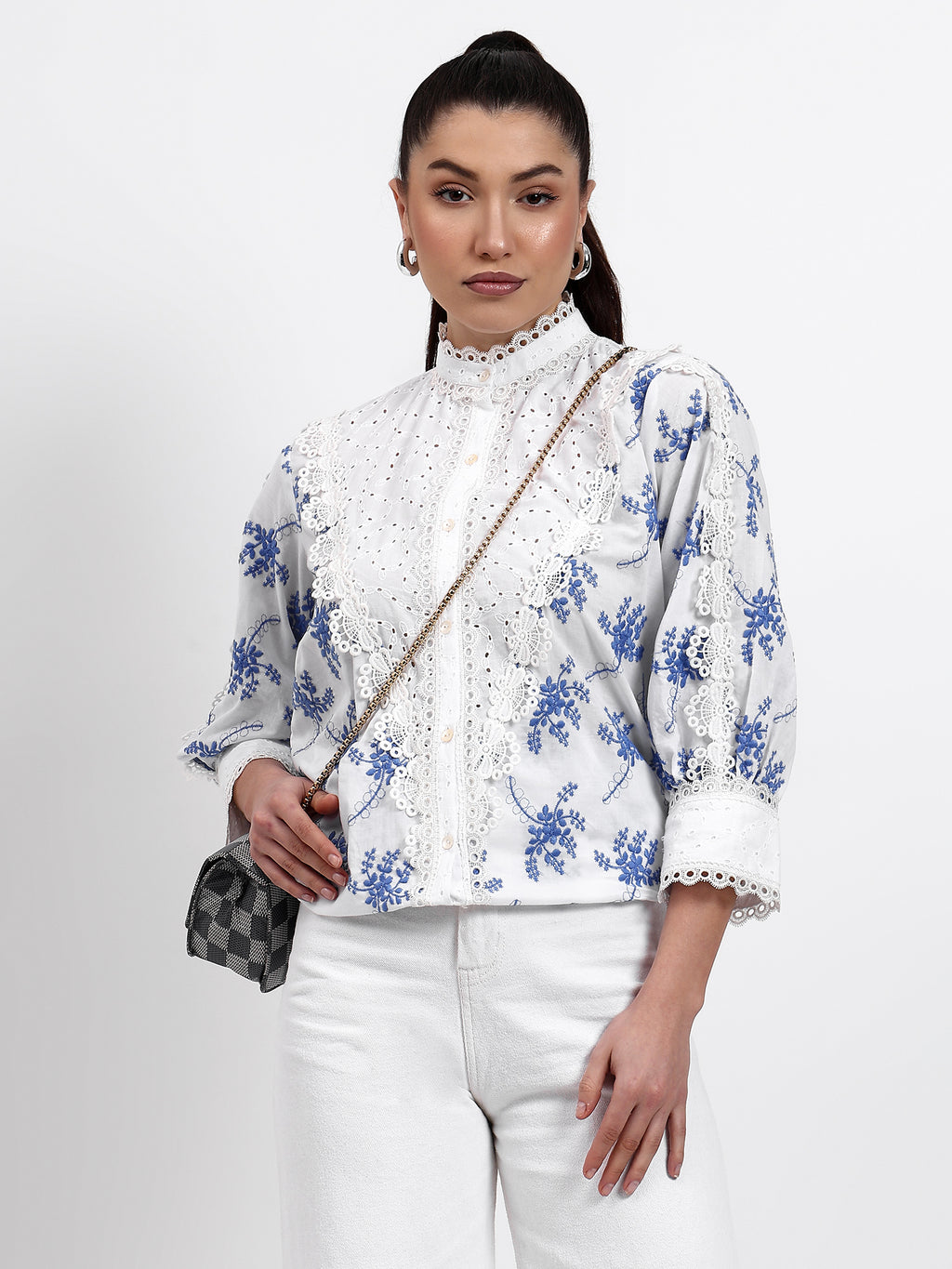 White Chikan and Boota Lace Shirt