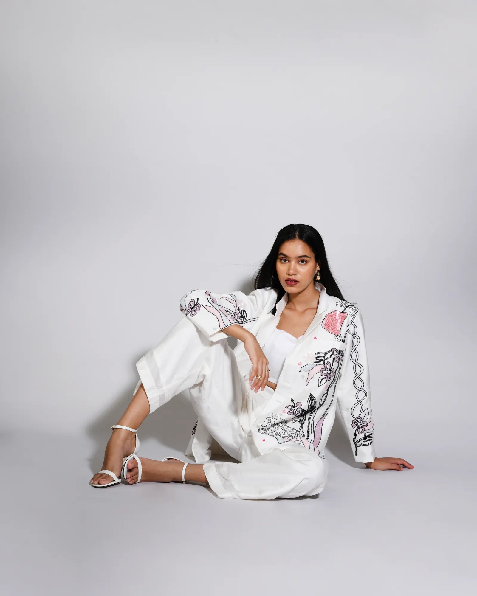 White Rose Embroidered Blazer Set