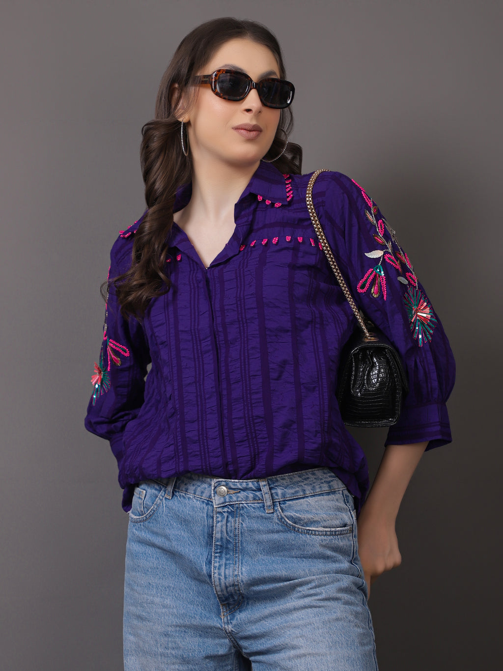Purple Crushed Embroidered Shirt