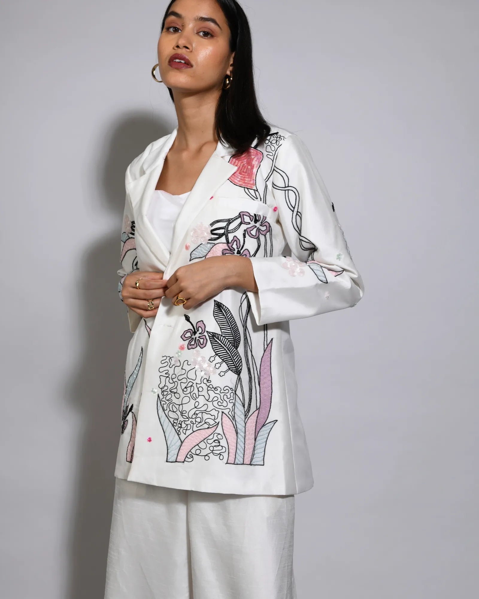 White Rose Embroidered Blazer Set - Itara