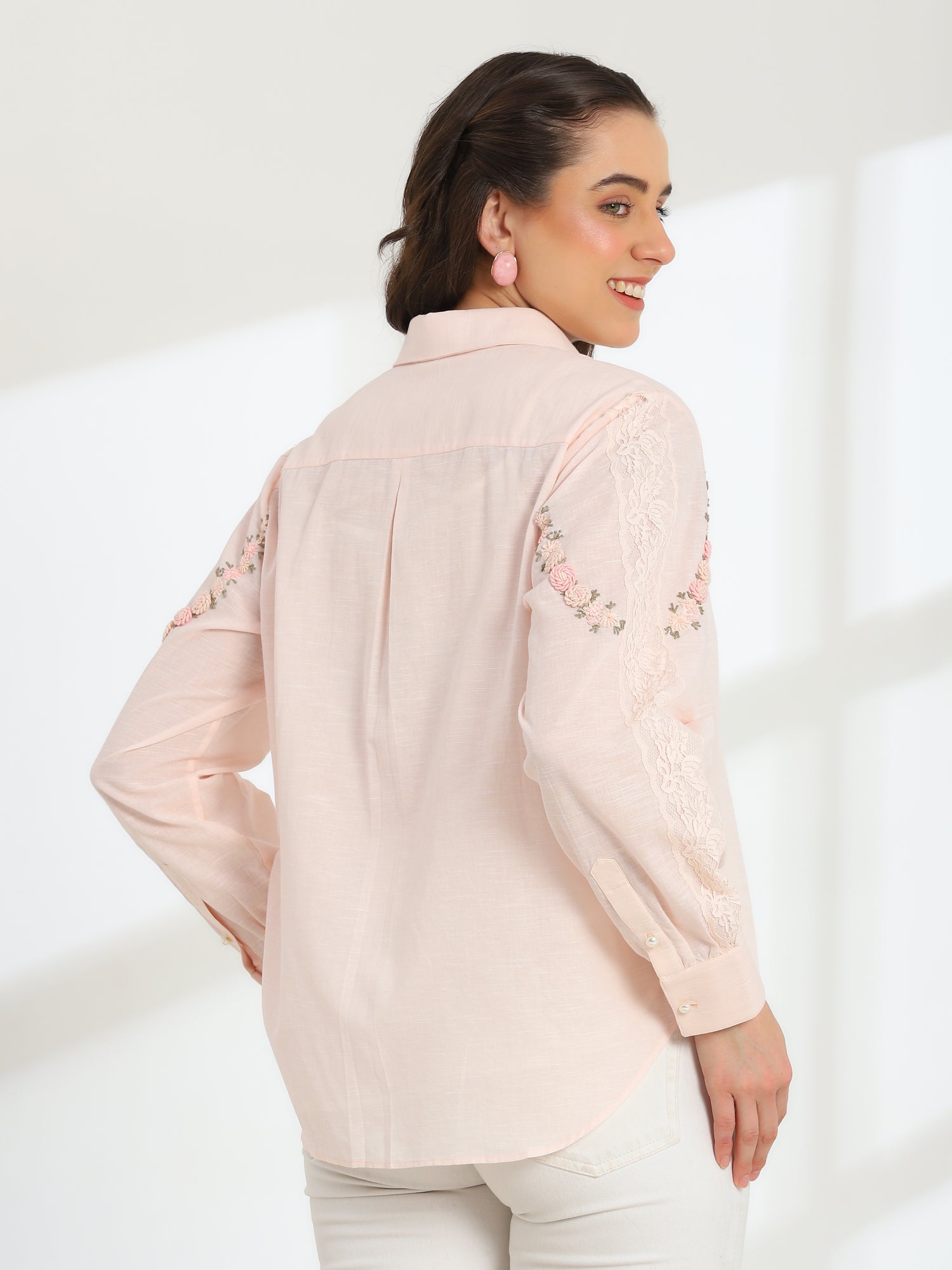Spring Pink Hand Embroidered French lace Silk Cotton Shirt