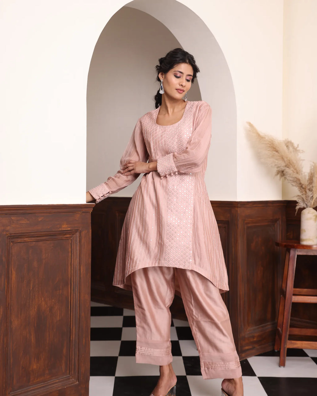 Hand-Embroidered C-Cut Fusion Suit with Tuck-Detail Pants