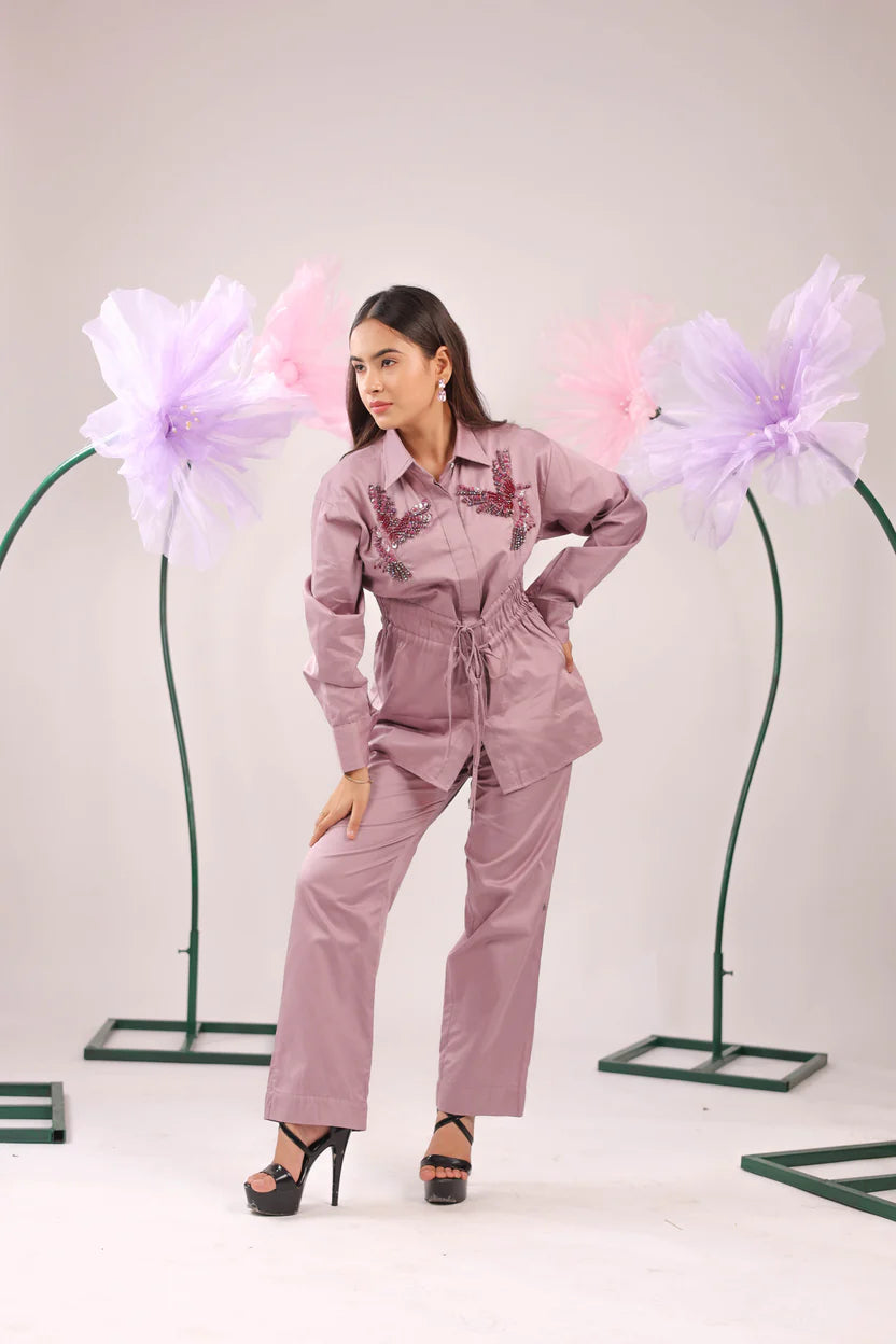 THE DIRTY PINK GATHERED WAIST TIE UP COTTON SHIRT WITH BIRD EMBELLISHMENTS - BeyondStiches