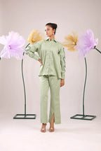 THE MINT GREEN HEART SLEEVE EMBELLISHED COTTON SHIRT WITH WIDE PLACKET