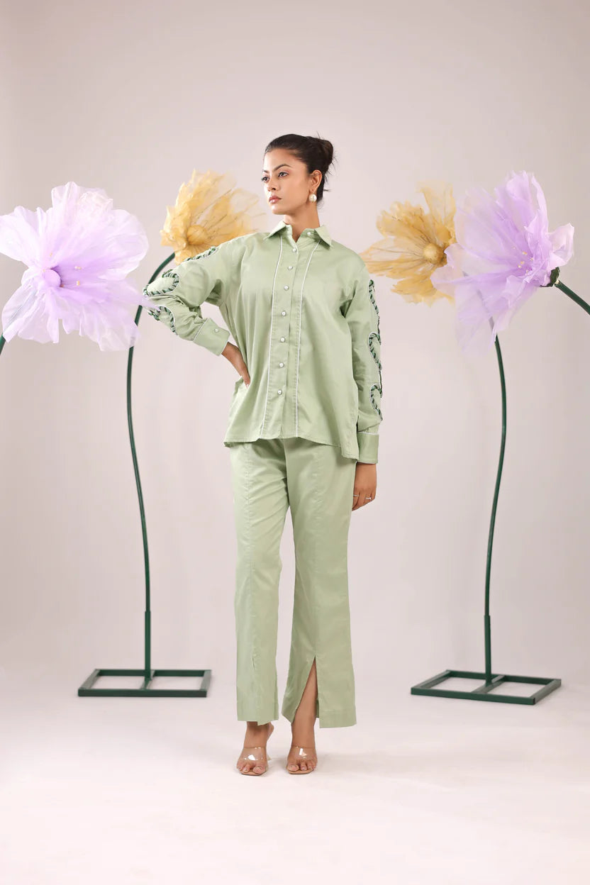 THE MINT GREEN HEART SLEEVE EMBELLISHED COTTON SHIRT WITH WIDE PLACKET
