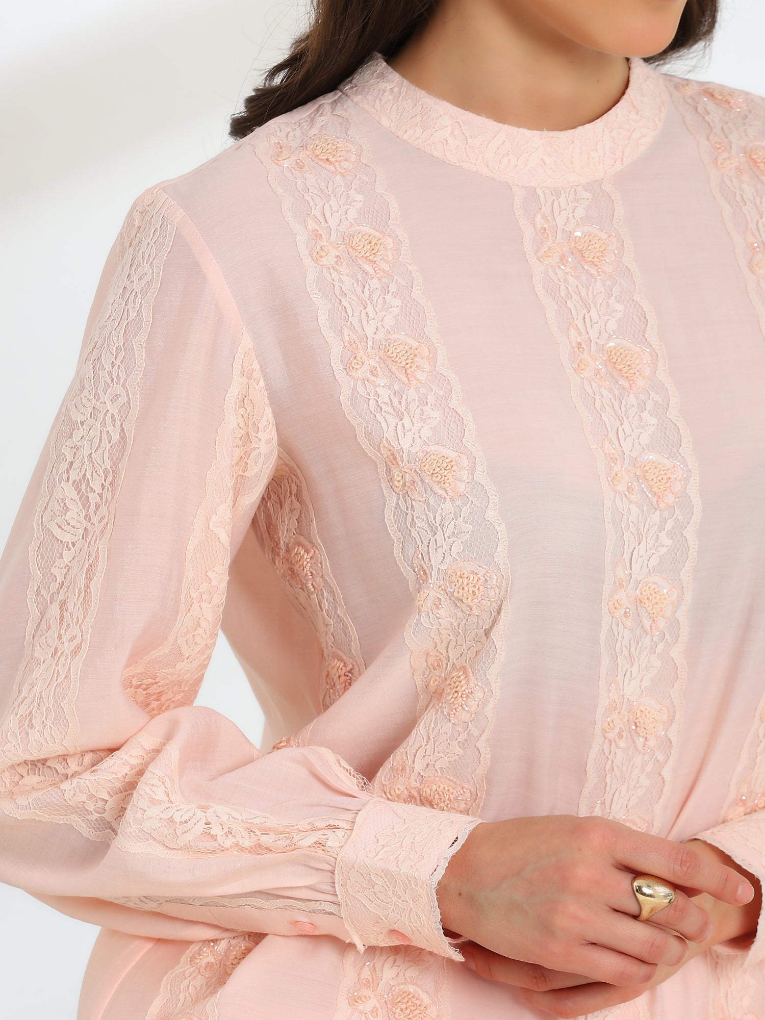 Elan Pink  Hand Embroidered French Lace Silk Cotton Co-ord Set - Dareiss