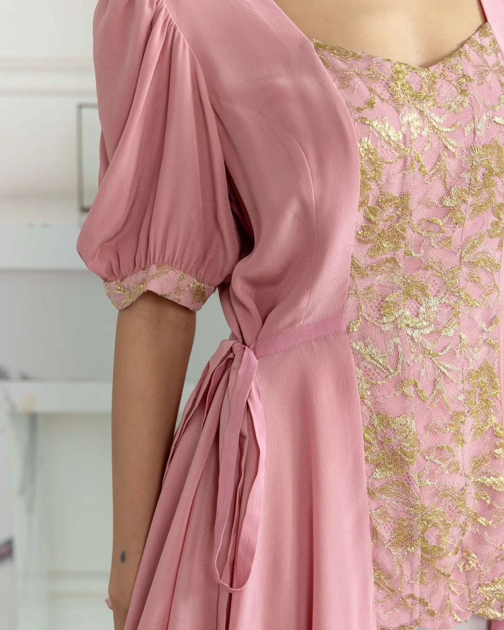 Dahlia Blossom Pink Mettalic French Lace Crepe Top - Dareiss