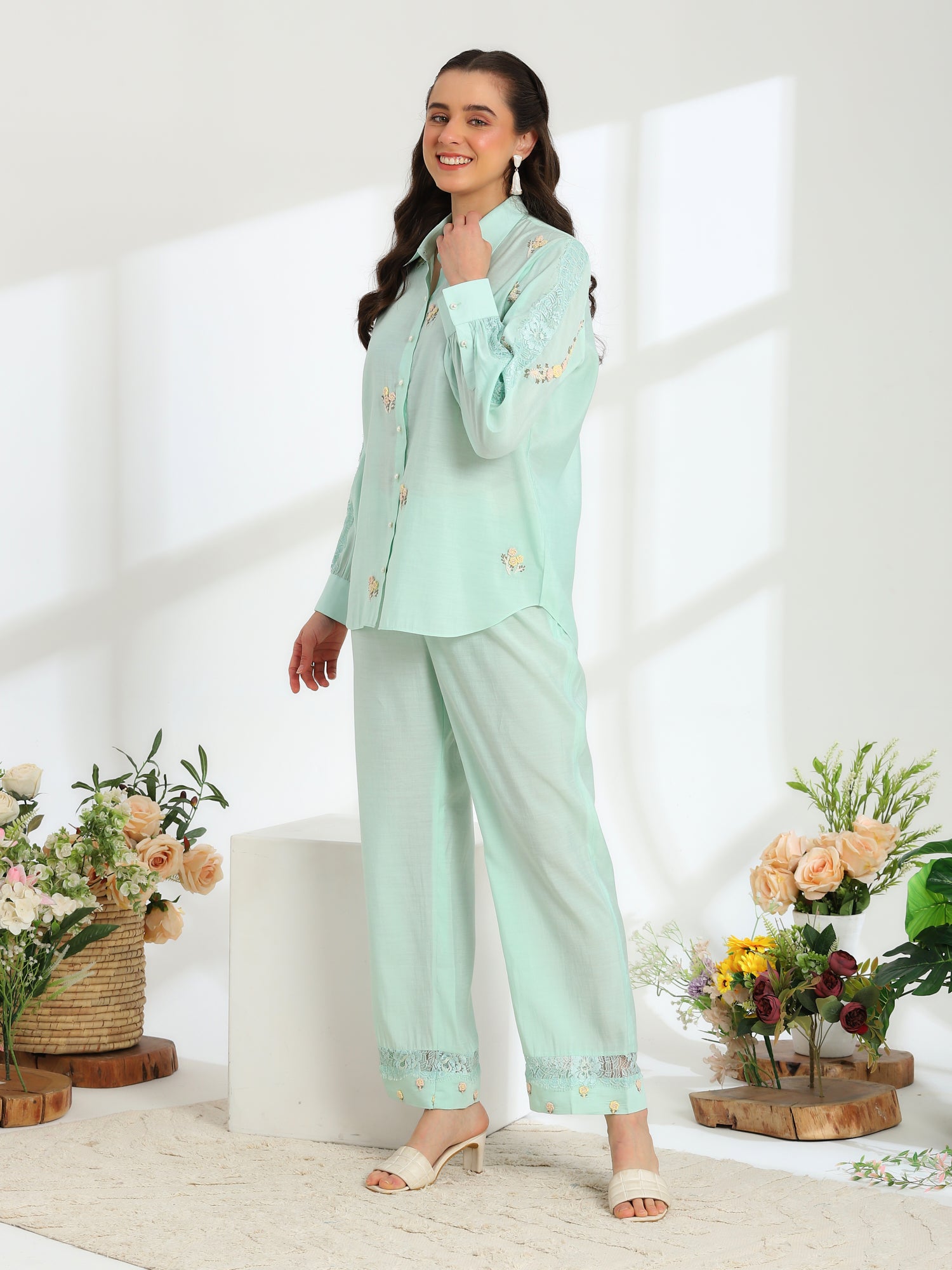 Spring Mint Hand Embroidered French lace Silk Cotton Co-ord set
