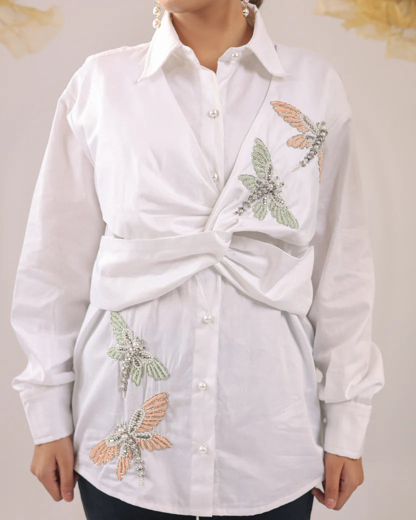THE WHITE KNOT COTTON SHIRT WITH DRAGON FLY EMBELLISHMENTS - BeyondStiches