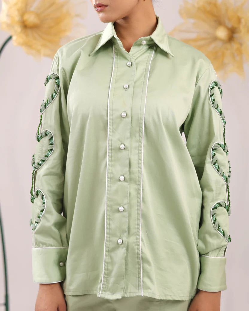 THE MINT GREEN HEART SLEEVE EMBELLISHED COTTON SHIRT WITH WIDE PLACKET