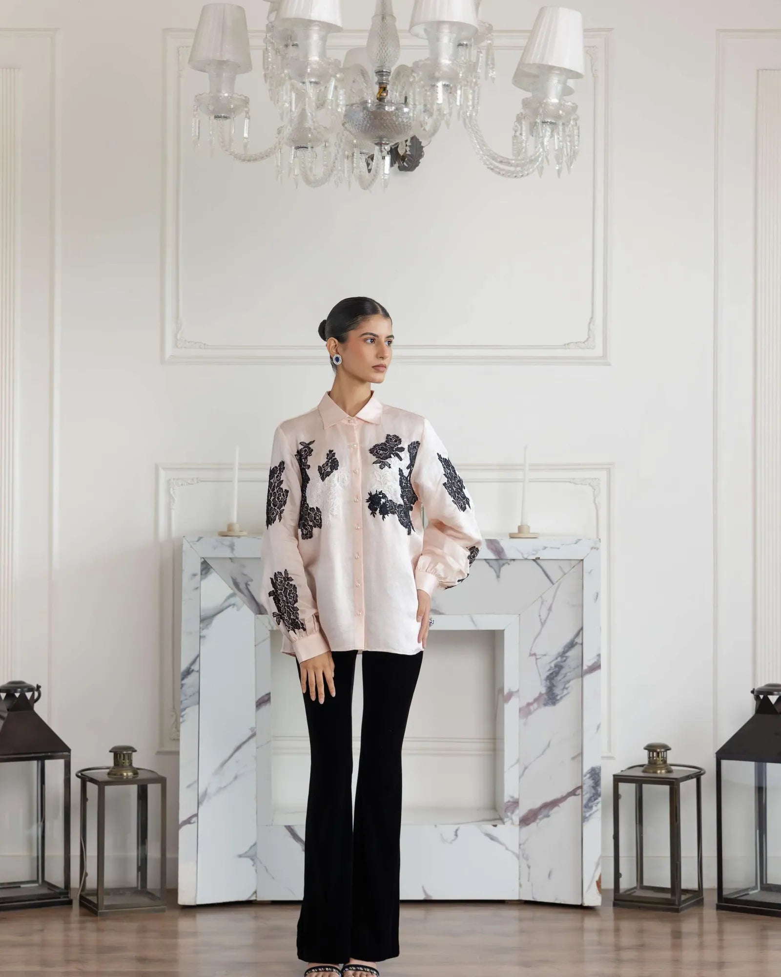 Camellia Heavenly Pink Hand embroidered French Lace Linen Silk Shirt