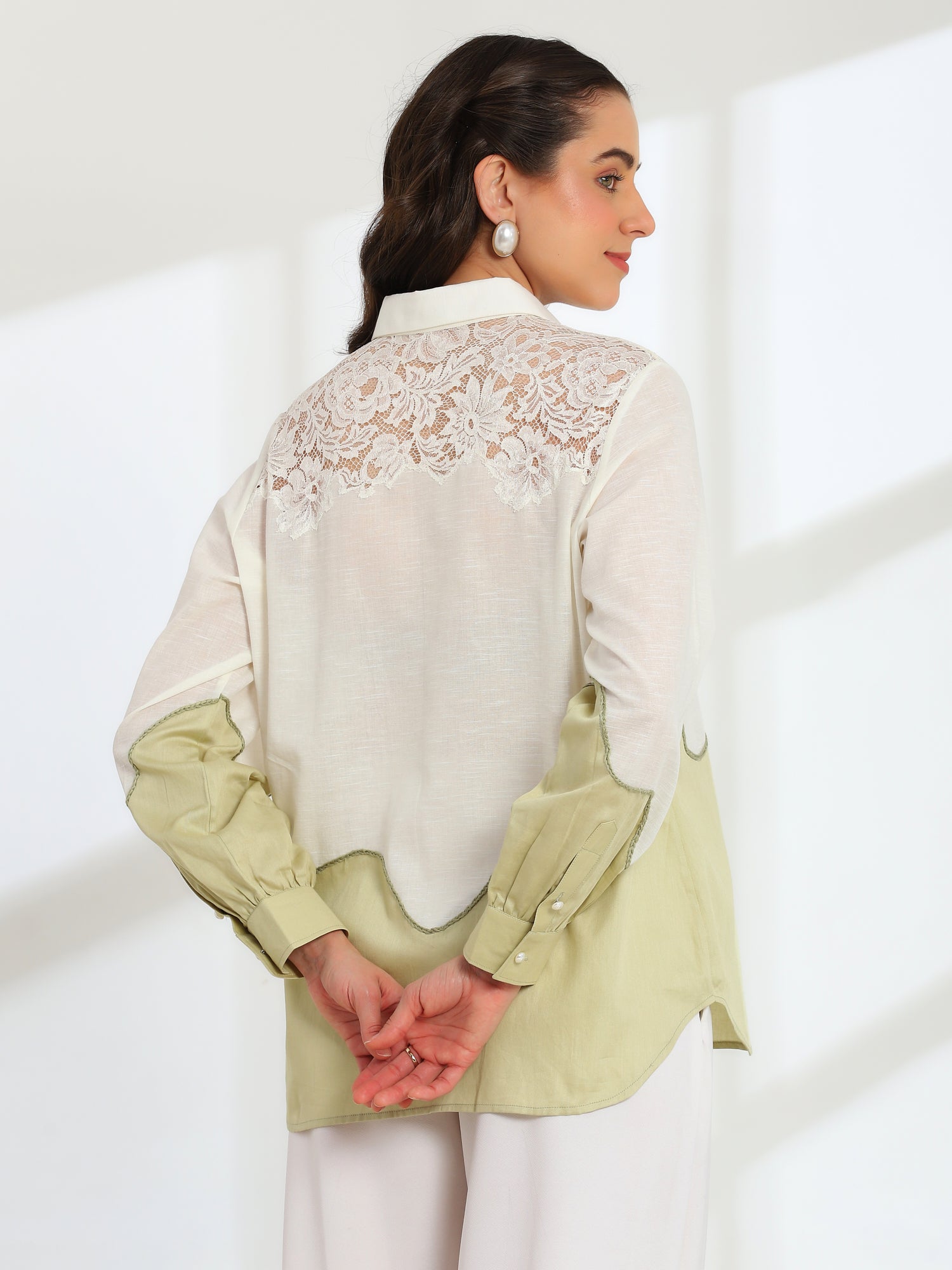 Ether Sage Green Embroidered French lace Silk Linen Shirt