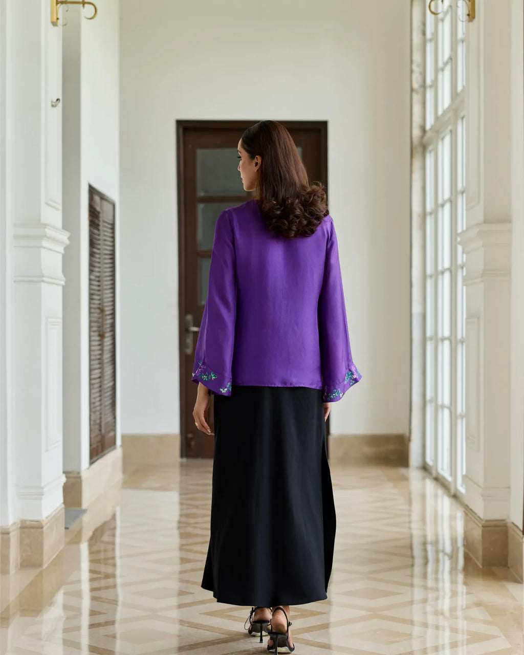 Elaria Purple Hand Embroidered French Lace Twill Silk Shirt