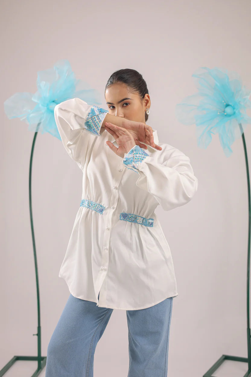 THE WHITE GATHERED CRAPE SHIRT WITH SKY BLUE EMBELLISHMENT