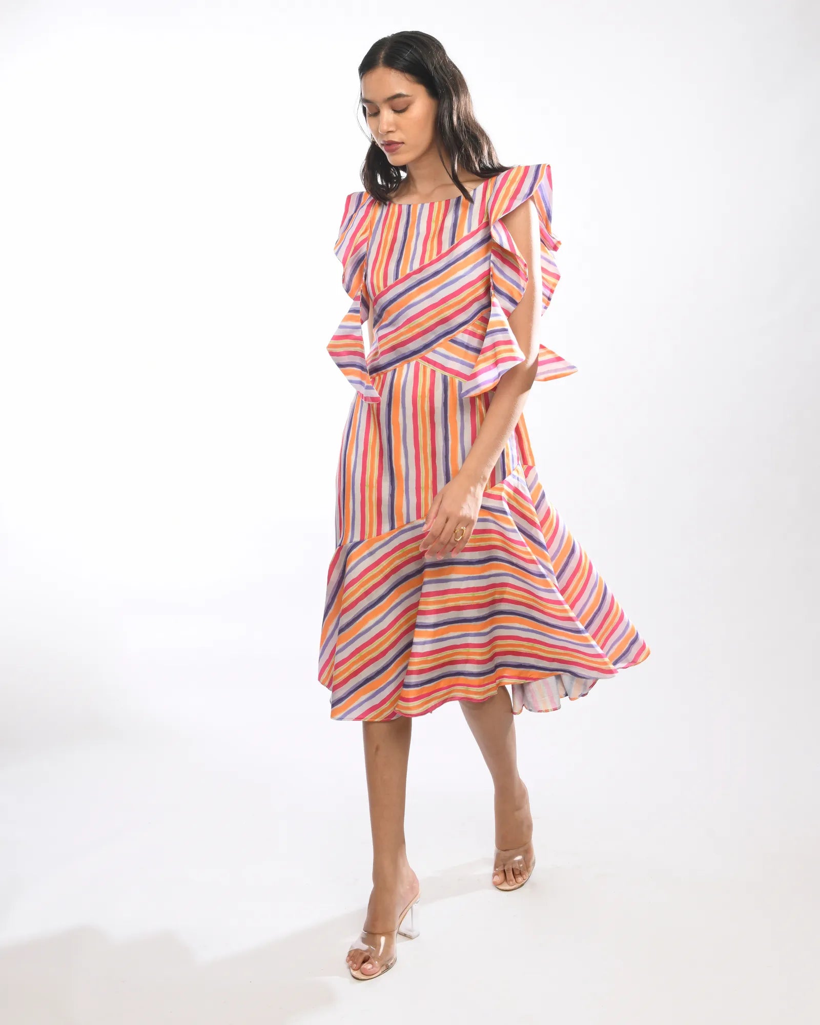 Multi Colour Striped  Midi Dress
