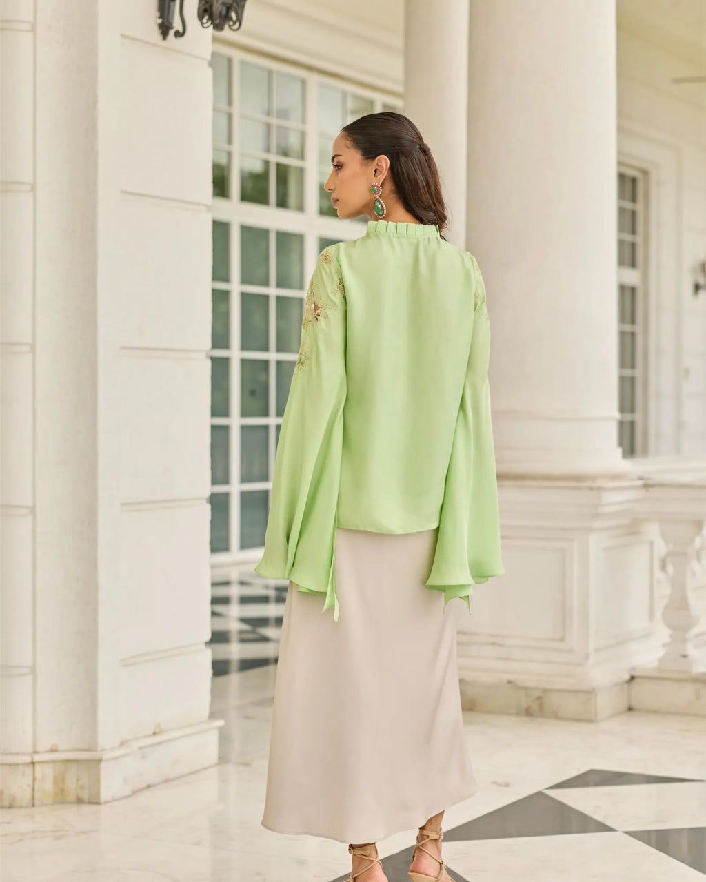Reverie Pastel Verdant Hand Patched French Lace Twill Silk Top - Dareiss