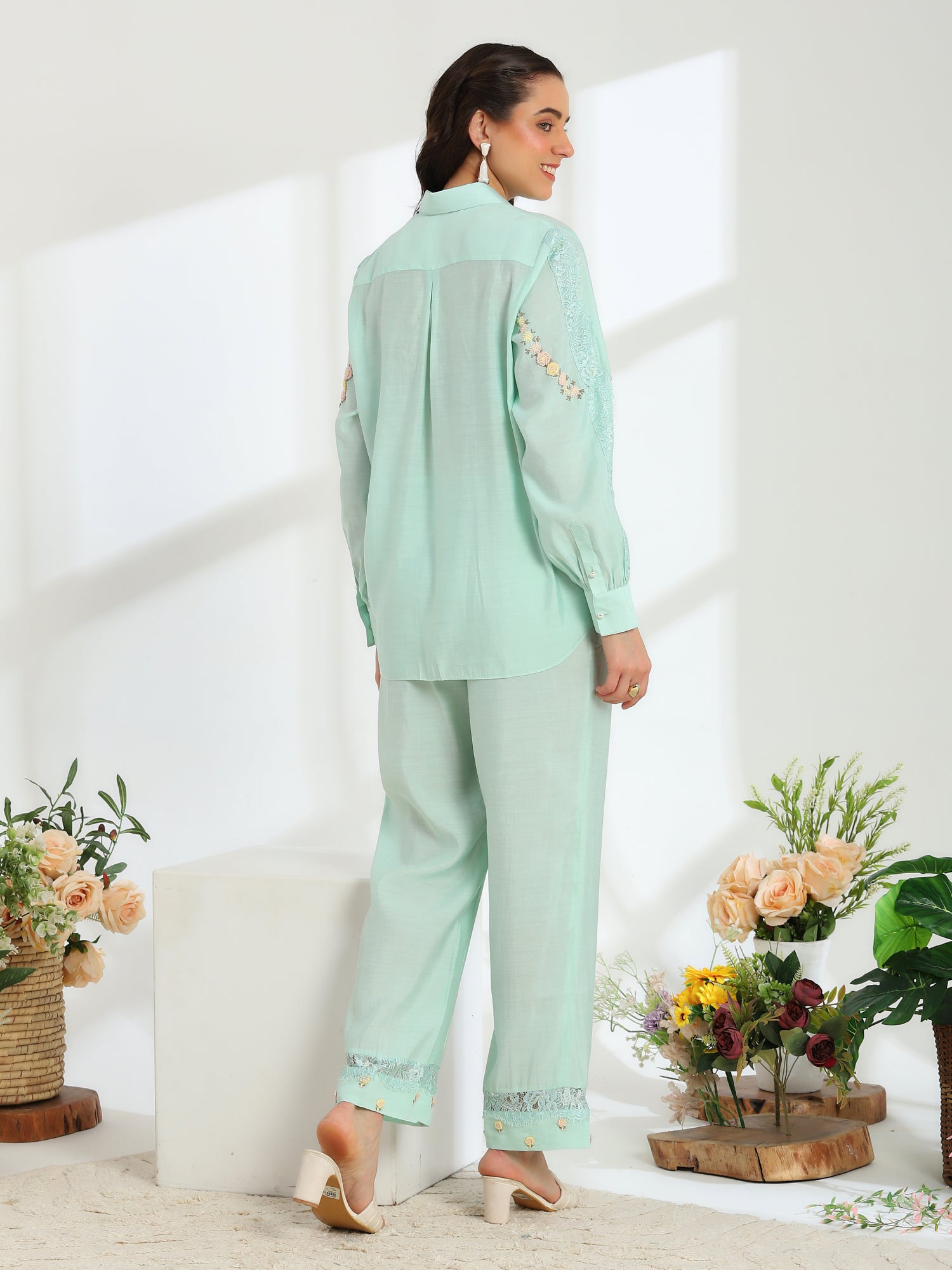 Spring Mint Hand Embroidered French lace Silk Cotton Co-ord set - Dareiss