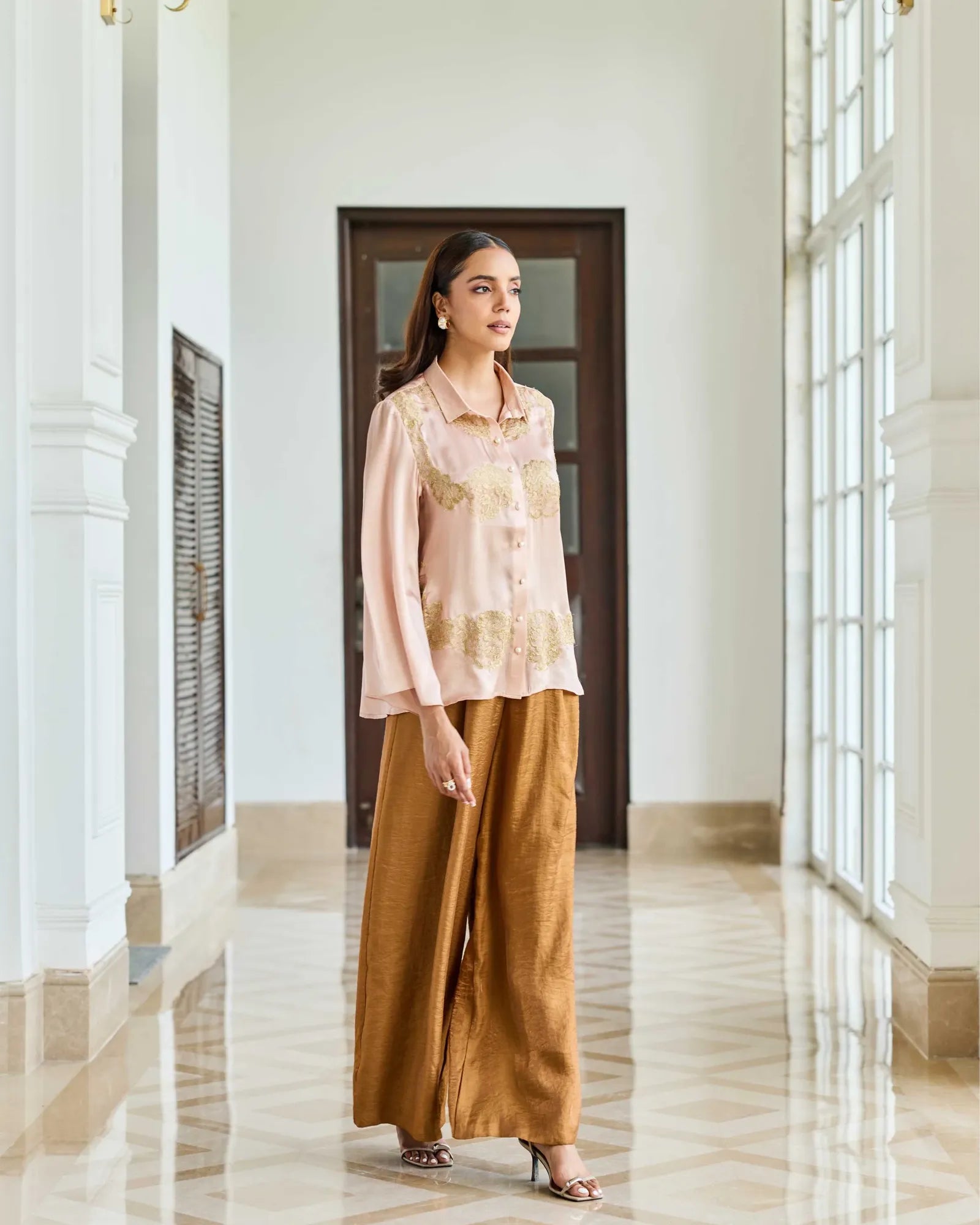 Rosette Mist Dusty Pink Symmetrical Lace Appliqué Satin Silk Shirt