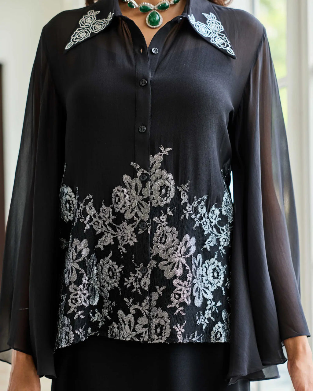 Monochrome Muse Swarowski French Lace Georgette Shirt