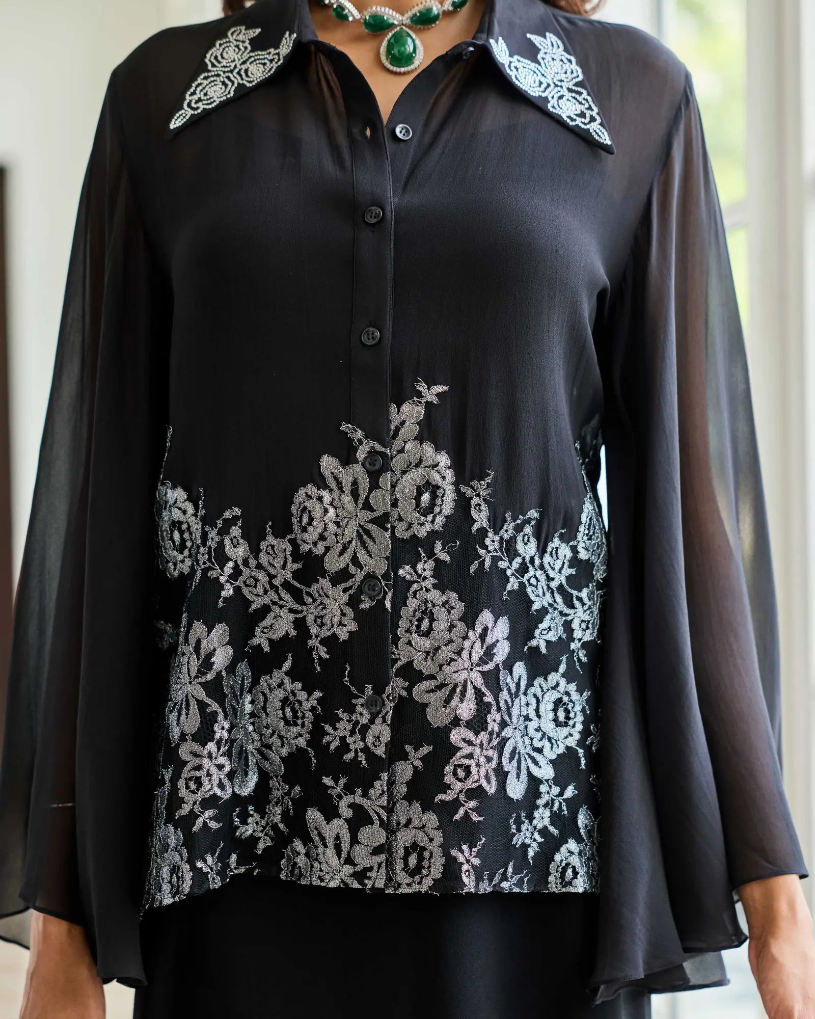 Monochrome Muse Swarowski French Lace Georgette Shirt