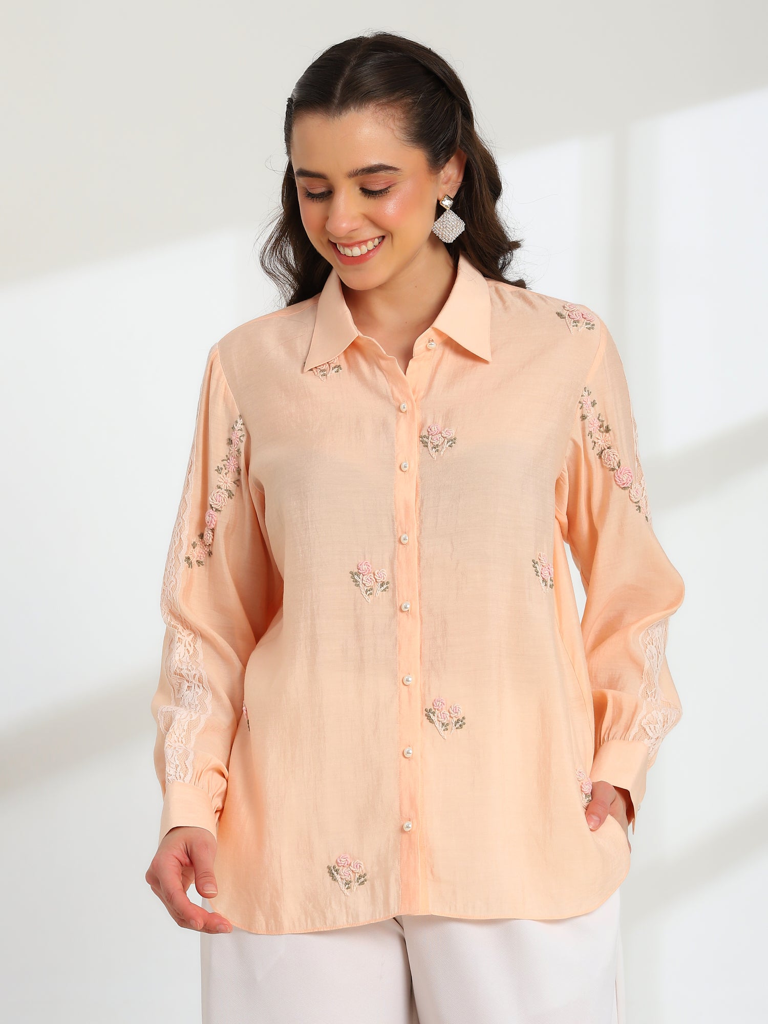 Spring Peach Hand Embroidered French lace Silk Cotton Shirt