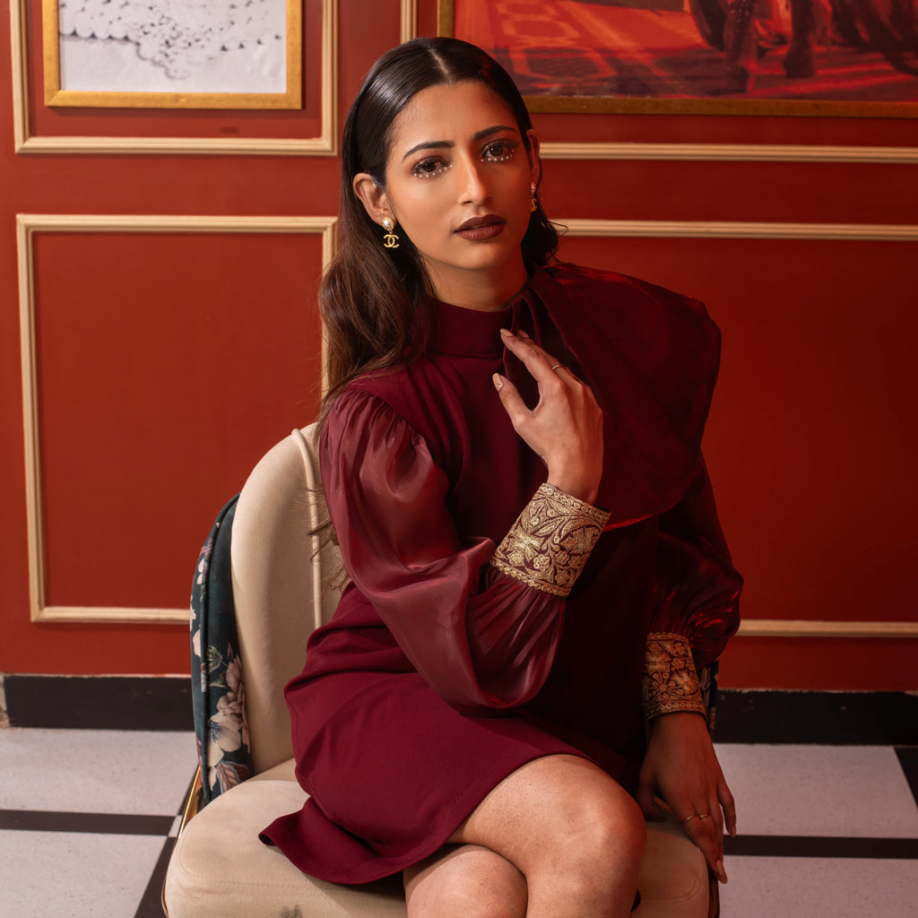 Maroon Balloon Sleeved Bow Dress - Sila Atelier