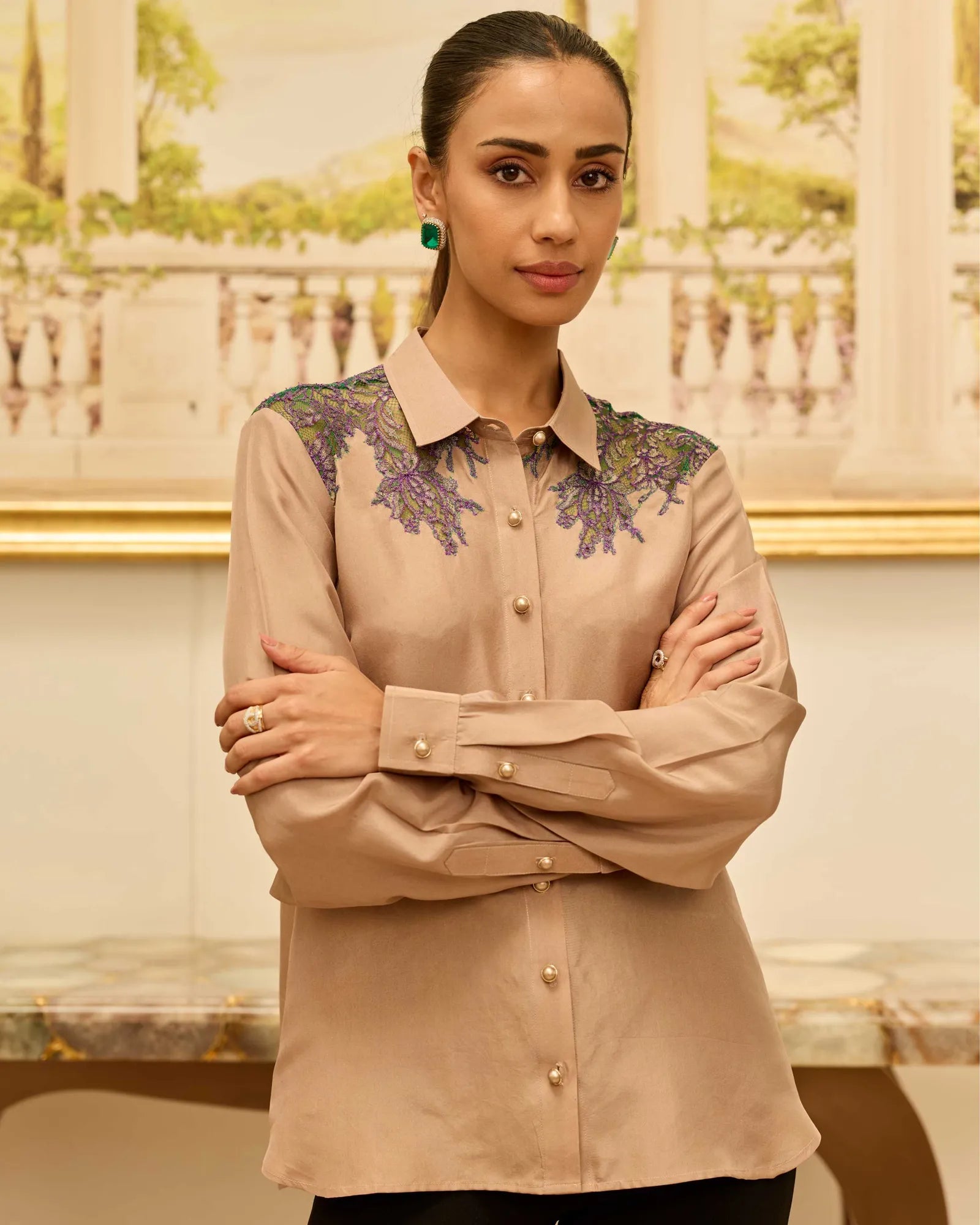 Love-Worn Gold Fondant French Lace Habotai Silk Shirt - Dareiss