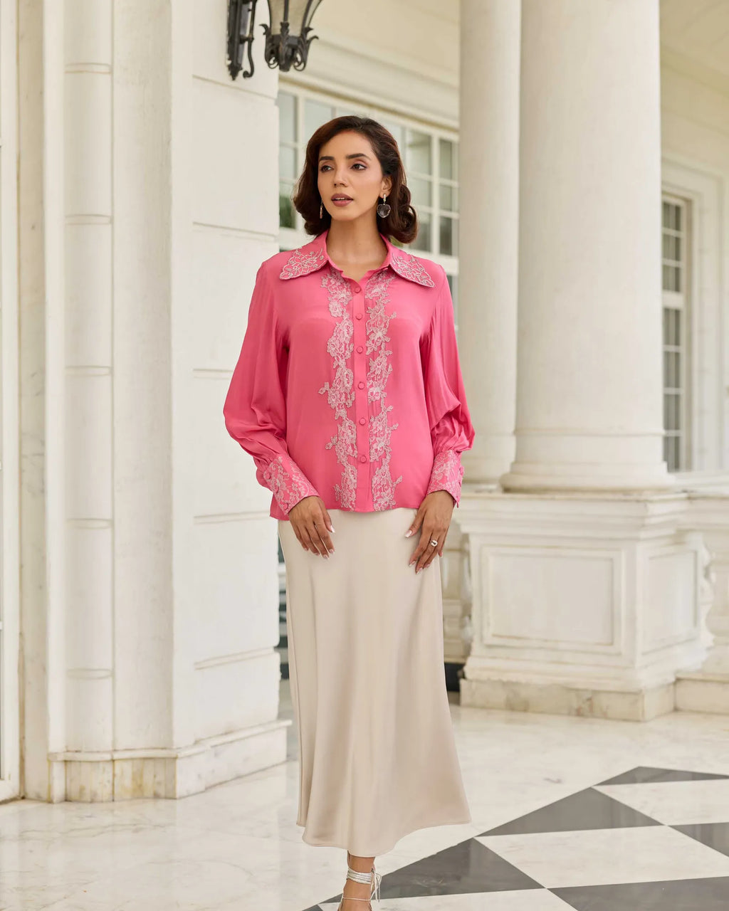 Thistle Fuchsia Pink Cutdana Embroidery French Lace Shirt