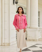Thistle Fuchsia Pink Cutdana Embroidery French Lace Shirt