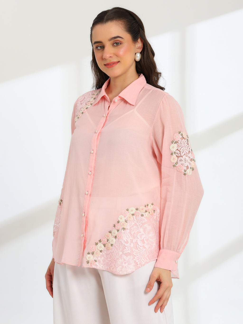 Pink Rose Garden Hand Embroidered French lace Mul Shirt