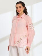 Pink Rose Garden Hand Embroidered French lace Mul Shirt