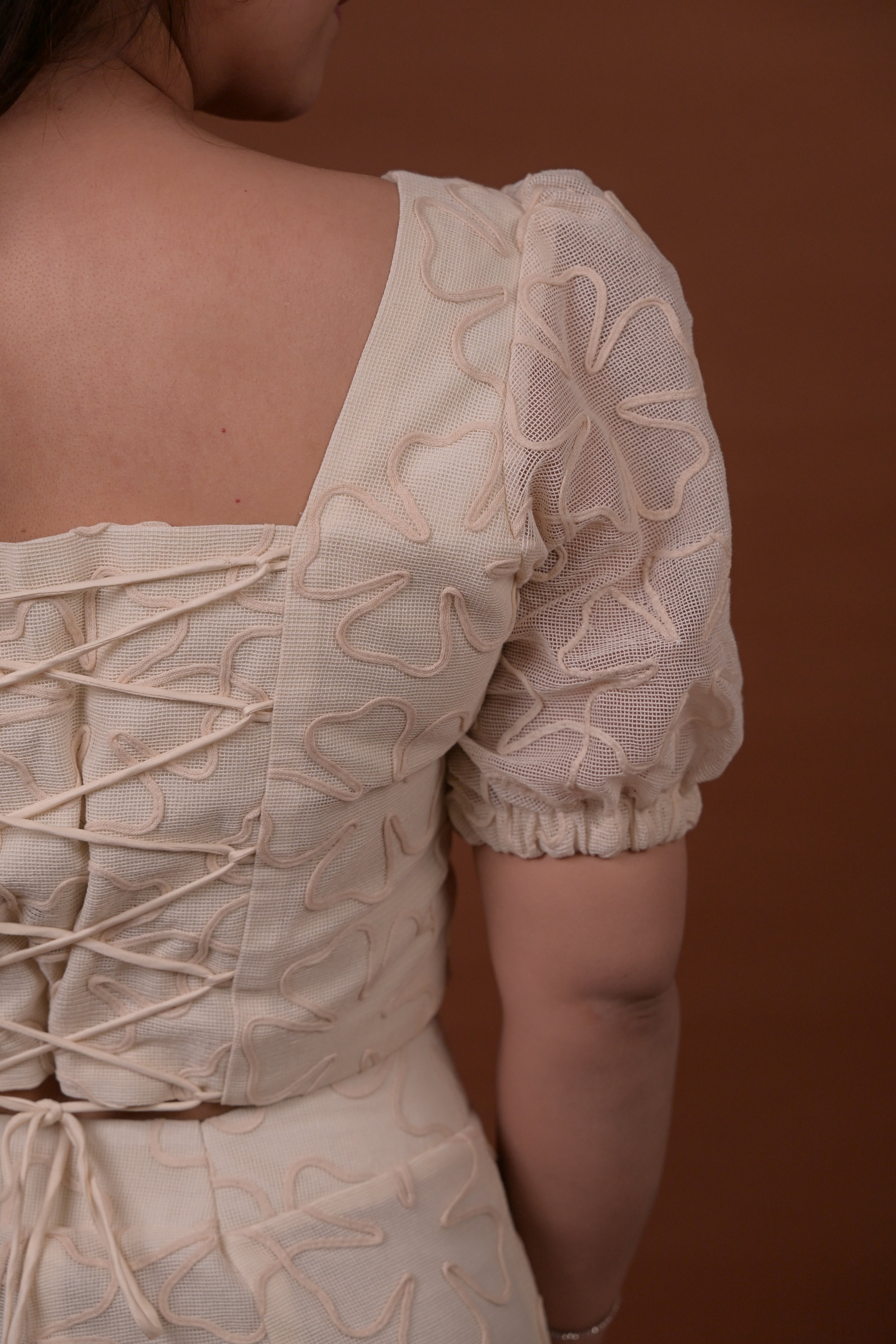 White Petal Square Neck Puff Sleeves Top