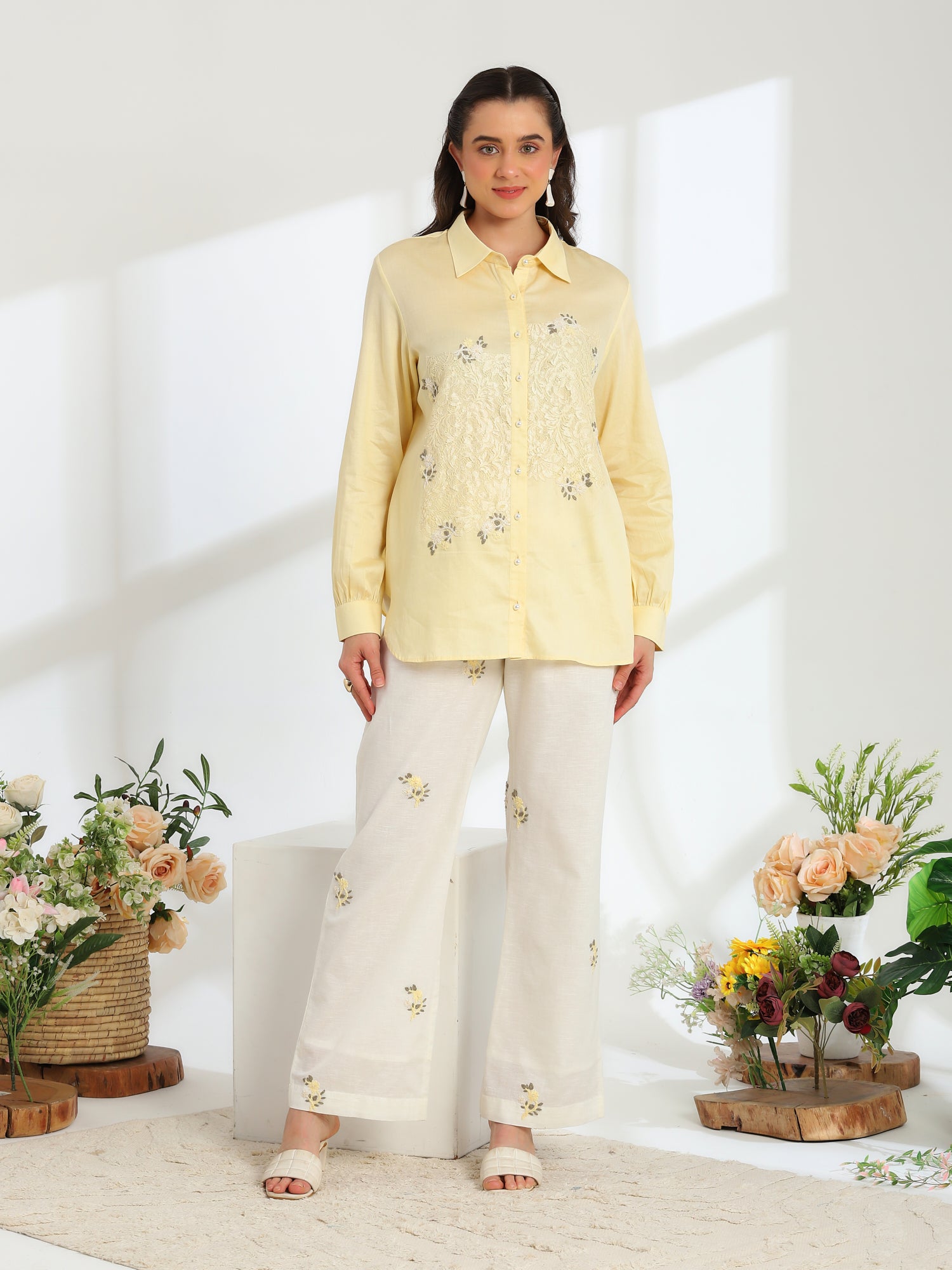 Butter Bloom yellow Hand Embroidered French lace Linen Cotton co-ord set