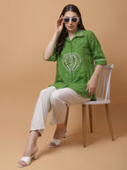 Green Cotton Crushed Embroidered Shirt