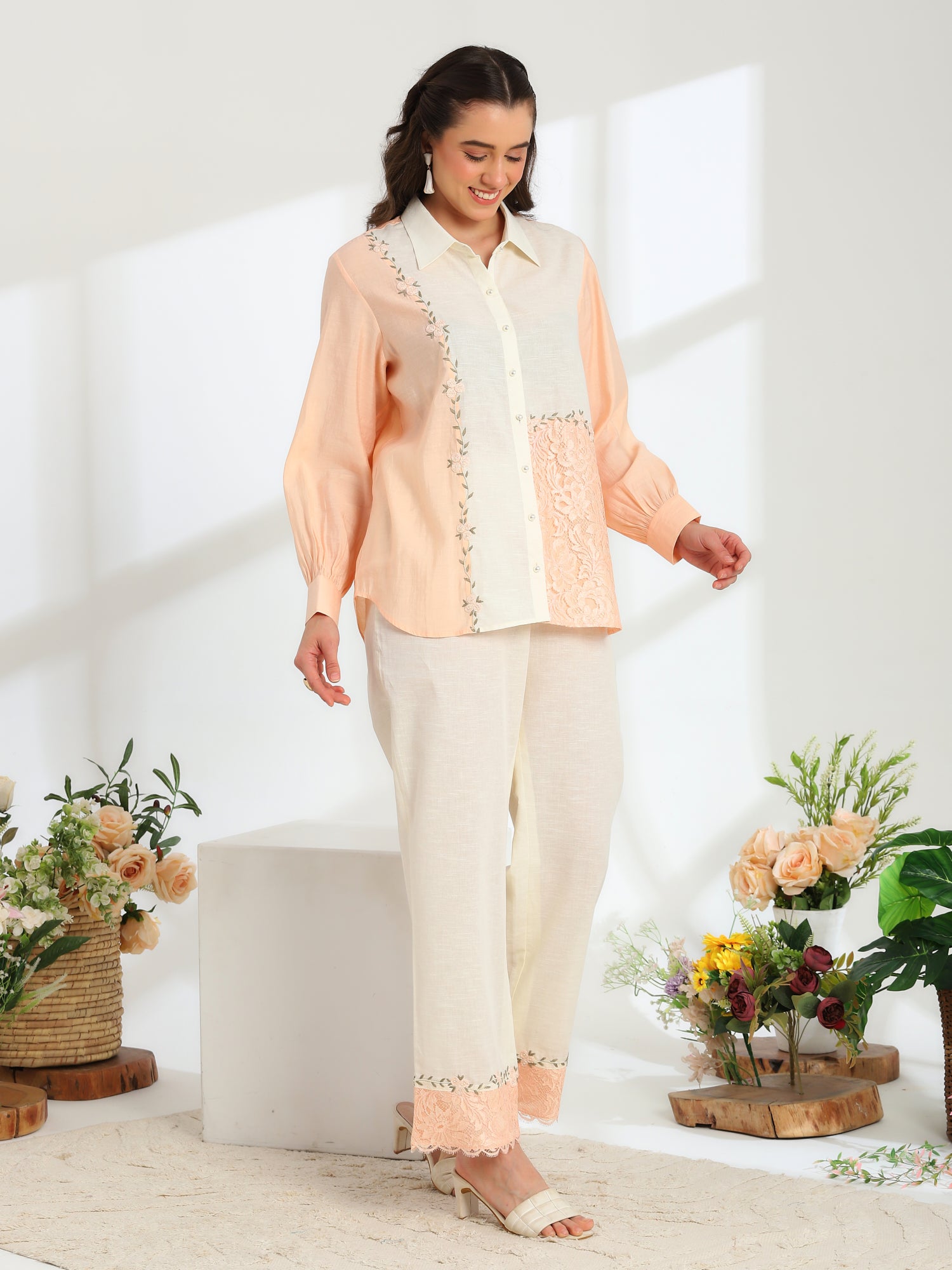 Floréa Peach Hand Embroidered French lace Silk Linen Co-ord Set