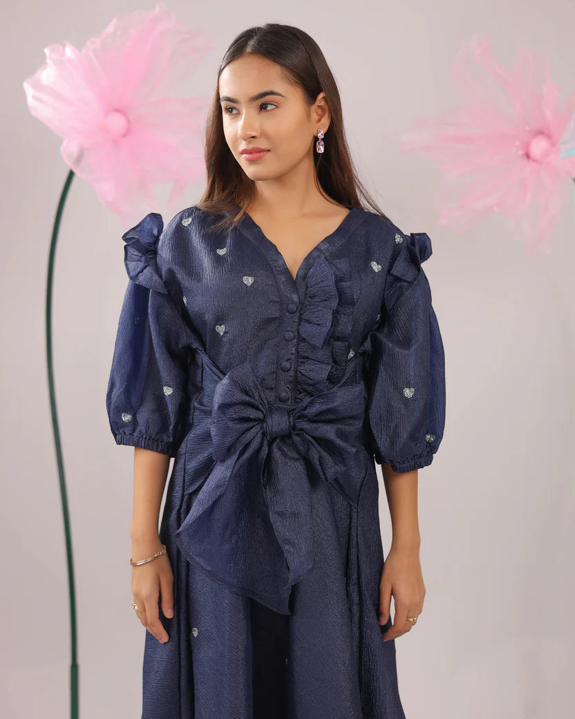 The navy blue heart knot flared midi dress
