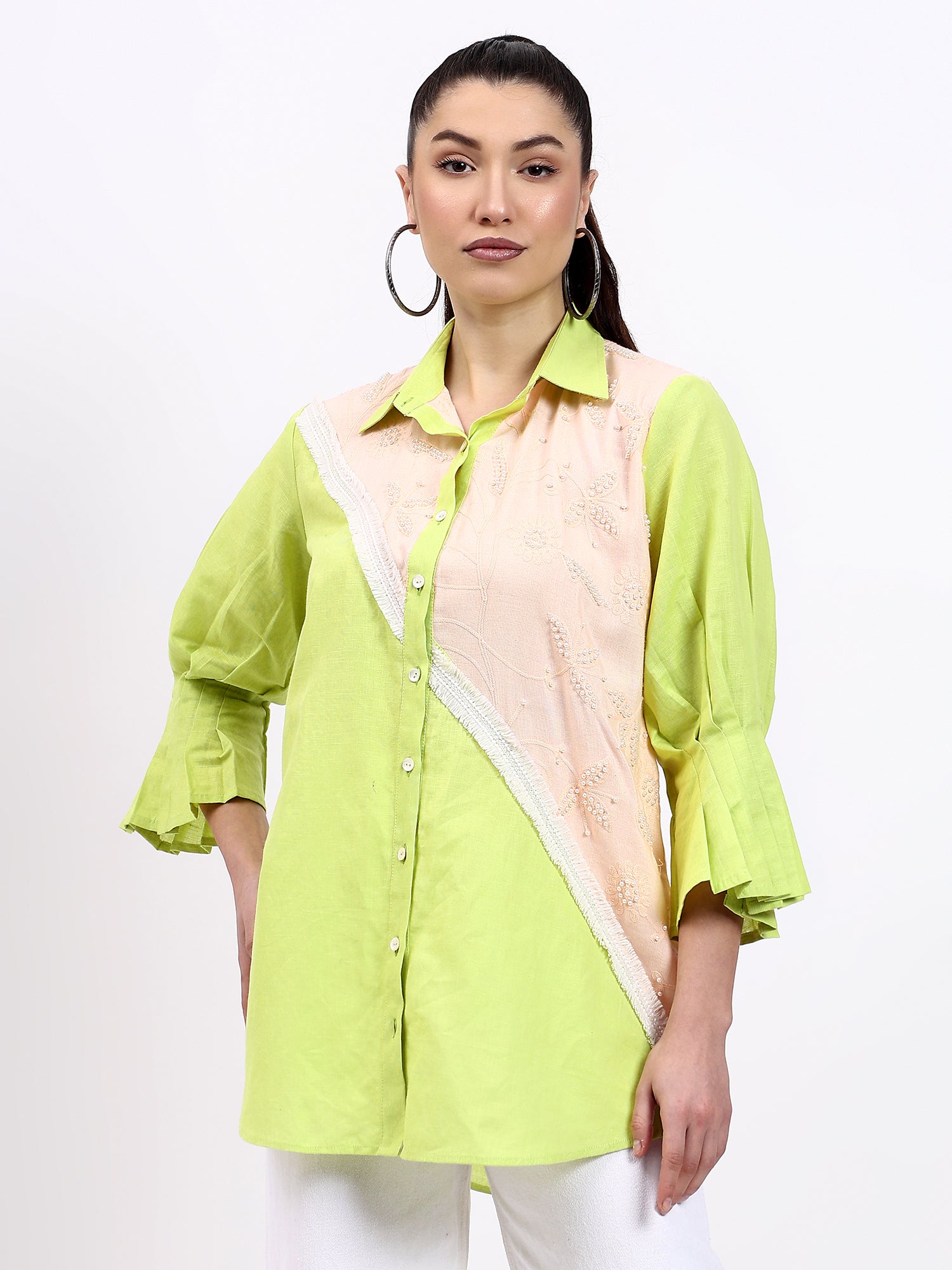 Green and Peach Lace detailing shirt with pearl touch
